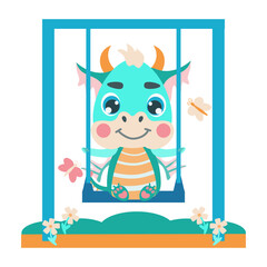Cute green baby dragon rides on a swing. Vector illustrations in a flat cartoon style for design, prints, greeting cards, patterns. Symbol 2024