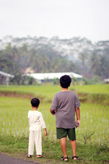 Blurred photo from the back of two brothers looking at a wide expanse of rice fields. Selected focus.