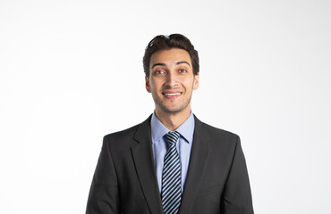 Handsome smiling businessman in black suit isolated on white background