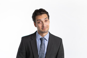 Handsome and interesting businessman in black suit isolated on white background