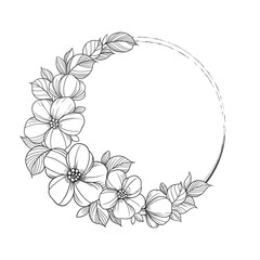 Flower frame outline double round. Floral circle border botanical line art drawing style.