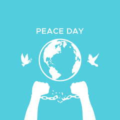 Peace day background with dove birds, earth, silhouette hands with broken chains freedom concept. Vector Illustration