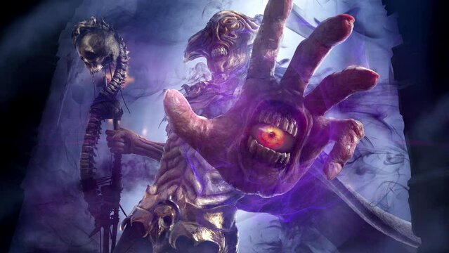Creepy sinister monster with bared teeth with a black cloak and a staff of bones with a skull, he is an oracle of darkness with a hand in which an alive eye watches everything around. 3d rendering