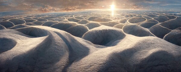 High resolution panorama of a Sci-Fi Snow planet backdrop. 3d render. 3:1 ratio. Unreal Engine. Perfect as a background or for use in an art projects. - obrazy, fototapety, plakaty