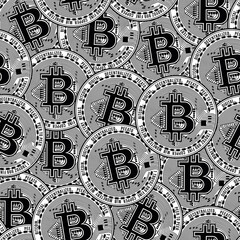 Black and white seamless pattern with bitcoin coin