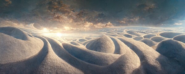 High resolution panorama of a Sci-Fi Snow planet backdrop. 3d render. 3:1 ratio. Unreal Engine. Perfect as a background or for use in an art projects.