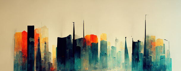 Spektakuläre Aquarellmalerei einer abstrakten urbanen Stadtbild-Wolkenkratzer-Szene in orange und blaugrünem, gräulichem Smog. Gebäude mit Doppelbelichtung. Digitale Kunst 3D-Darstellung.