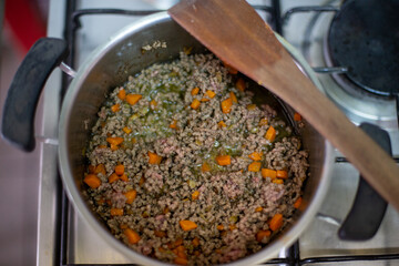 cooking meat in a pan