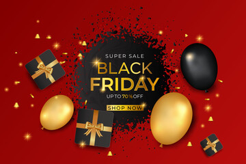 Realistic black Friday sale banner with gifts and balloons
