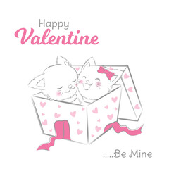 Cute pet cat couple valentine gift box hand drawn simple illustration