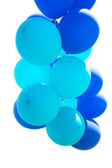 Blue birthday party balloons flying on white background