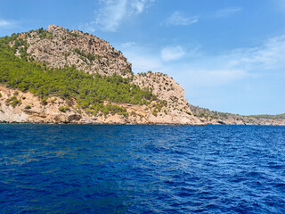 Summer landscape blue sea and mountains copy space