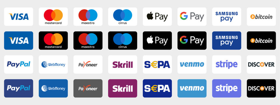 Online payment methods button set, brand logo : Paypal, Visa, Mastercard,Apple Pay, Payoneer, Discover, Bitcoin, Skrill, Stripe... Isolated web payment badges