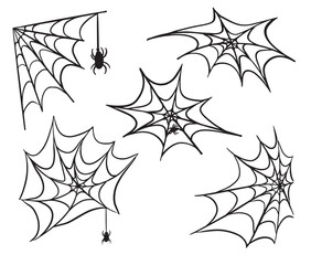 Spider web with spiders clipart.Black and white hand drawn illustration in doodle style.Vector illustration.
