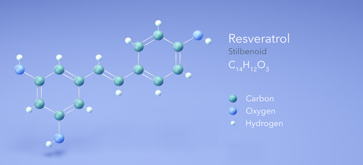 resveratrol, molecular structures, stilbenoid, 3d model, Structural Chemical Formula and Atoms with Color Coding