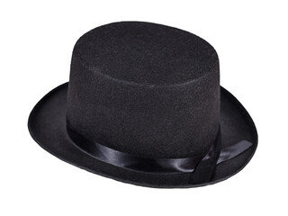 Single black felt top hat on transparent background