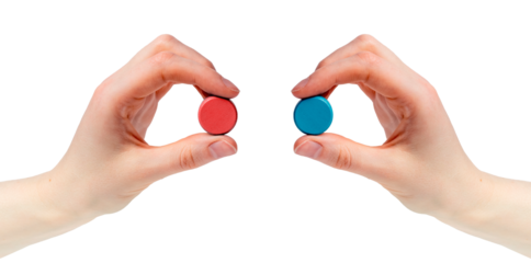Hands holding red and blue pills isolated on white background. Choice between two options, truth, reality and illusion. Matrix, conspiracy concept.