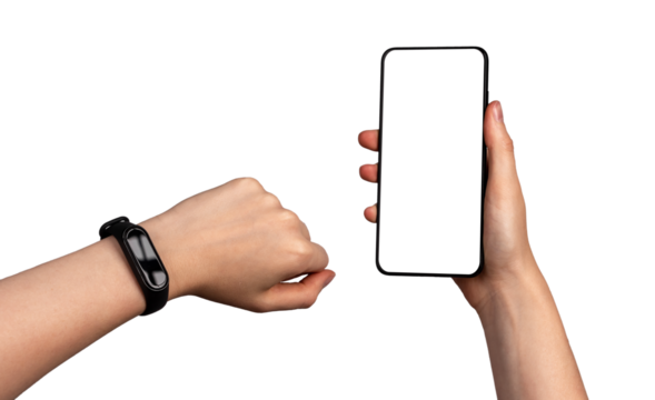 Hands with fitness tracker and phone mockup isolated on white background. Application for connecting watches to smartphone.