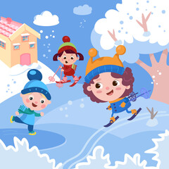 Cute little boys and girl skiing. Winter Holiday. Funny characters. Landscape with hills and trees. Vector illustration.