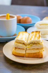 Traditional breakfast set and coffee, boiled eggs and toast, popular in Singapore