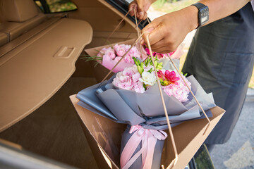 Close-up of bouquets of flowers in the trunk