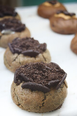 stack of chocolate cream cooking on white background 