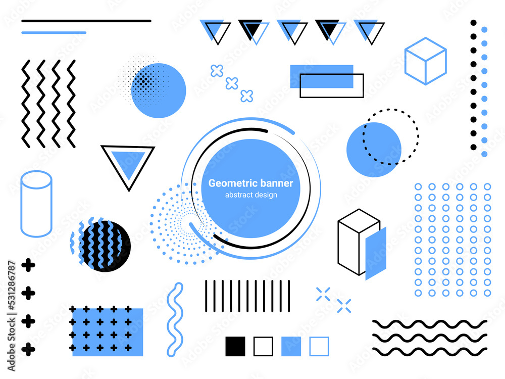 Poster circle halftone banner. geometric shapes, abstract design elements. modern memphis texture blue and 