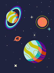Fototapeta na wymiar Space abstract background. Cartoon fantastic planets in outer space, stars in black sky. Saturn and moon. Cosmic exploration, universe discovery. Vertical poster. Vector space elements set