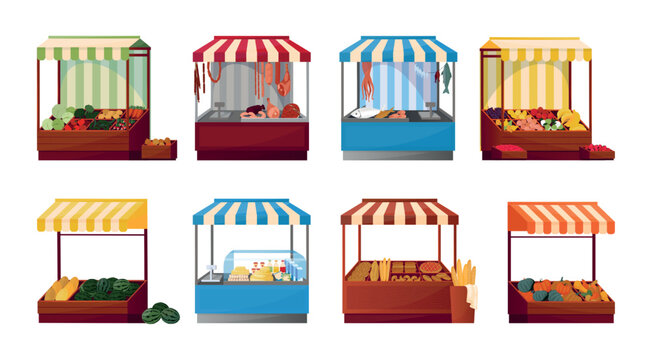 Shop booth. Grocery stall. Market place. Outdoor kiosk for fruit and bread. Craft retail. Selling fish and milk products. Wooden marketplace with striped canopy. Vector illustration set