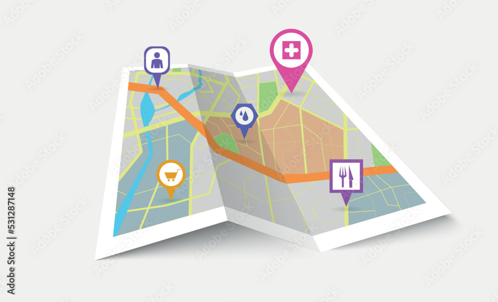 Poster paper city map. gps navigation. travel route. pin signs. street icon objects. navigational equipment