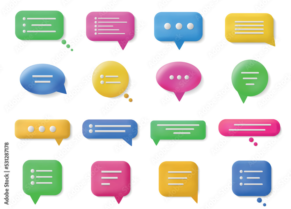 Poster 3d talk bubbles. Realistic buttons for speech, text box, dialogue communication. Online conversation, comments and quotation square and round elements. Vector illustration icons set