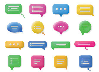 3d talk bubbles. Realistic buttons for speech, text box, dialogue communication. Online conversation, comments and quotation square and round elements. Vector illustration icons set