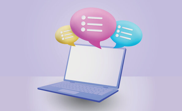 3d laptop icons, speech bubble in notebook. Discussion screen render illustration, balloon for speech, online talk and chatting. Dialogue communication, comment in social media vector concept