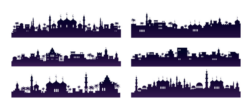 Mosque silhouettes. Islam city landscape. Ramadan holiday black border. Arabian buildings. Muslim minarets. Historic roofs and windows. Palm trees. Vector illustration backgrounds set