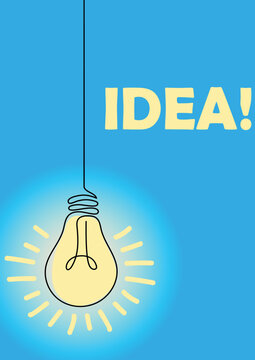 Idea. Glowing lamp card. Light bulb hanging on wire. Creative inspiration and insight. Searching solution. Lightbulb illumination. Brainstorm and innovation invention. Vector poster