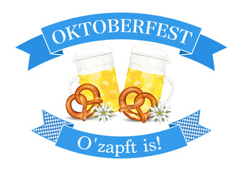 Oktoberfest  - O´zapft is -Plakat mit Banderole, Rautenmuster und Text, Maß Bier, Bretzel und Edelweiß,
Vektor Illustration isoliert auf weißem Hintergrund
