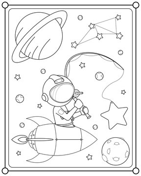 Cute astronaut fishing for stars in space suitable for children's coloring page vector illustration