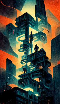 Escher Inspired Futuristic City Illustration