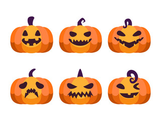 Set Halloween orange Pumpkin with a scary face. Vector illustration cartoon flat design.