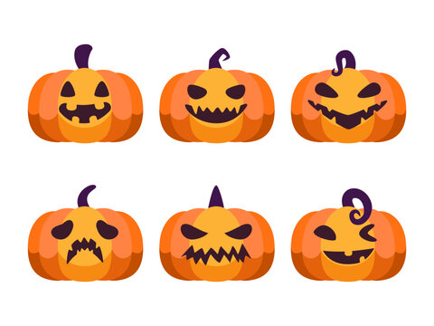 Set Halloween orange Pumpkin with a scary face. Vector illustration cartoon flat design.