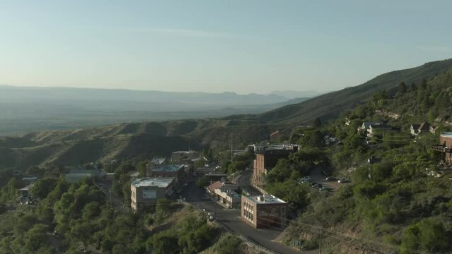 Aerial of small mining town of Jerome, Arizona at sunset in summer