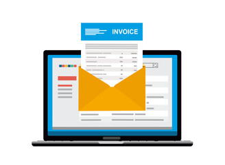 Online digital invoice laptop or notebook with bills, flat design illustration.