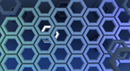 3D rendering. Abstraction, 3d pattern in space, blue hexagons, honeycombs on a dark blue background, front view. Wallpaper, advertising, background for the site, business cards, poster.

