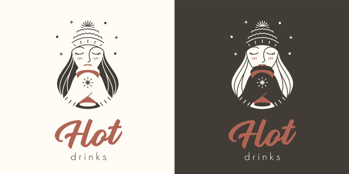 A girl in a warm hat and gloves drinks coffee or tea from a disposable paper cup. Vector illustration of hot drinks logo.