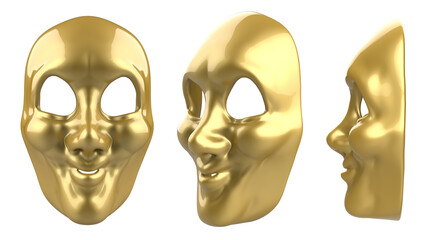 Isolated 3d render illustration of golden smiling theatrical mask.