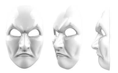 Isolated 3d render illustration of white angry theatrical mask.