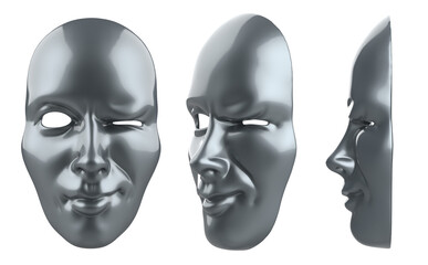 Isolated 3d render illustration of dark gray colored winking theatrical mask.