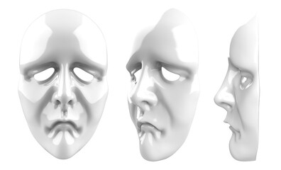 Isolated 3d render illustration of white colored sad theatrical mask.