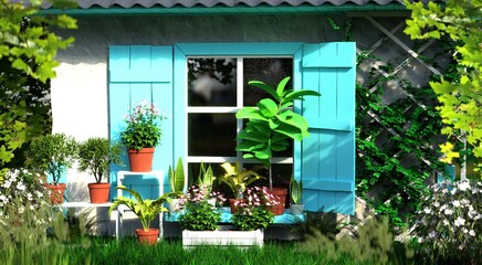 3D rendering. Potted plants near window with blue shutters of white wooden house, Provence style, front view
