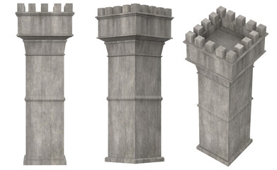 Isolated 3d render illustration of medieval castle or fortress tower in various angles.